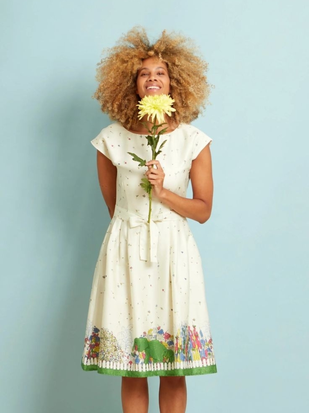 Palava Cream Midi Dress with Floral Border and Waist Tie Size 16UK